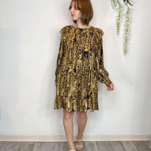 BA&SH Sym trapeze shift dress ochre ruffled bib front snakeskin print 2730 - Picture 3 of 14